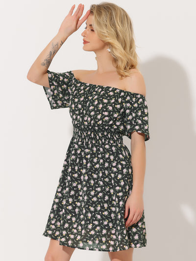 Ditsy Floral Summer Off Shoulder Chiffon Smocked Short Dress