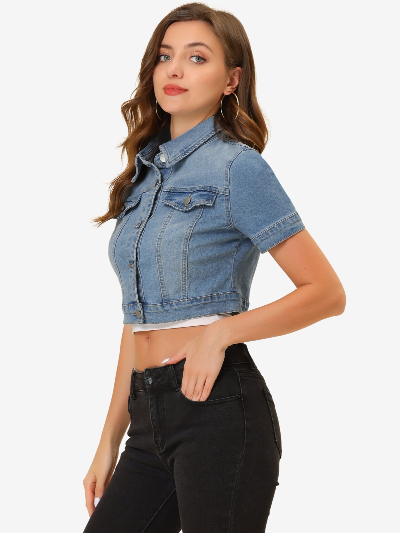 Allegra K Casual Lapel Short Sleeve Crop Top Jean Denim Jacket