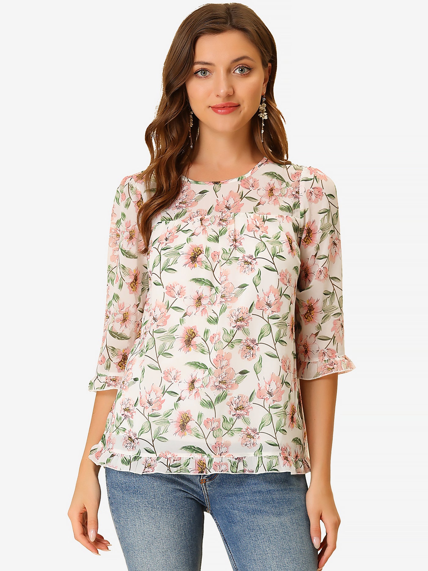 Allegra K Casual Ruffle Floral Print 3/4 Sleeve Chiffon Blouse