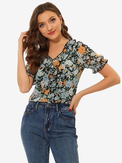 Floral Blouse Ruffle V Neck Puff Short Sleeve Top