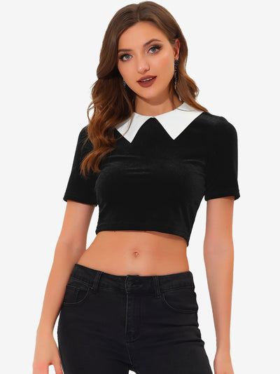 Velvet Blouse Slim Fit Short Sleeve Contrast Collar Crop Top