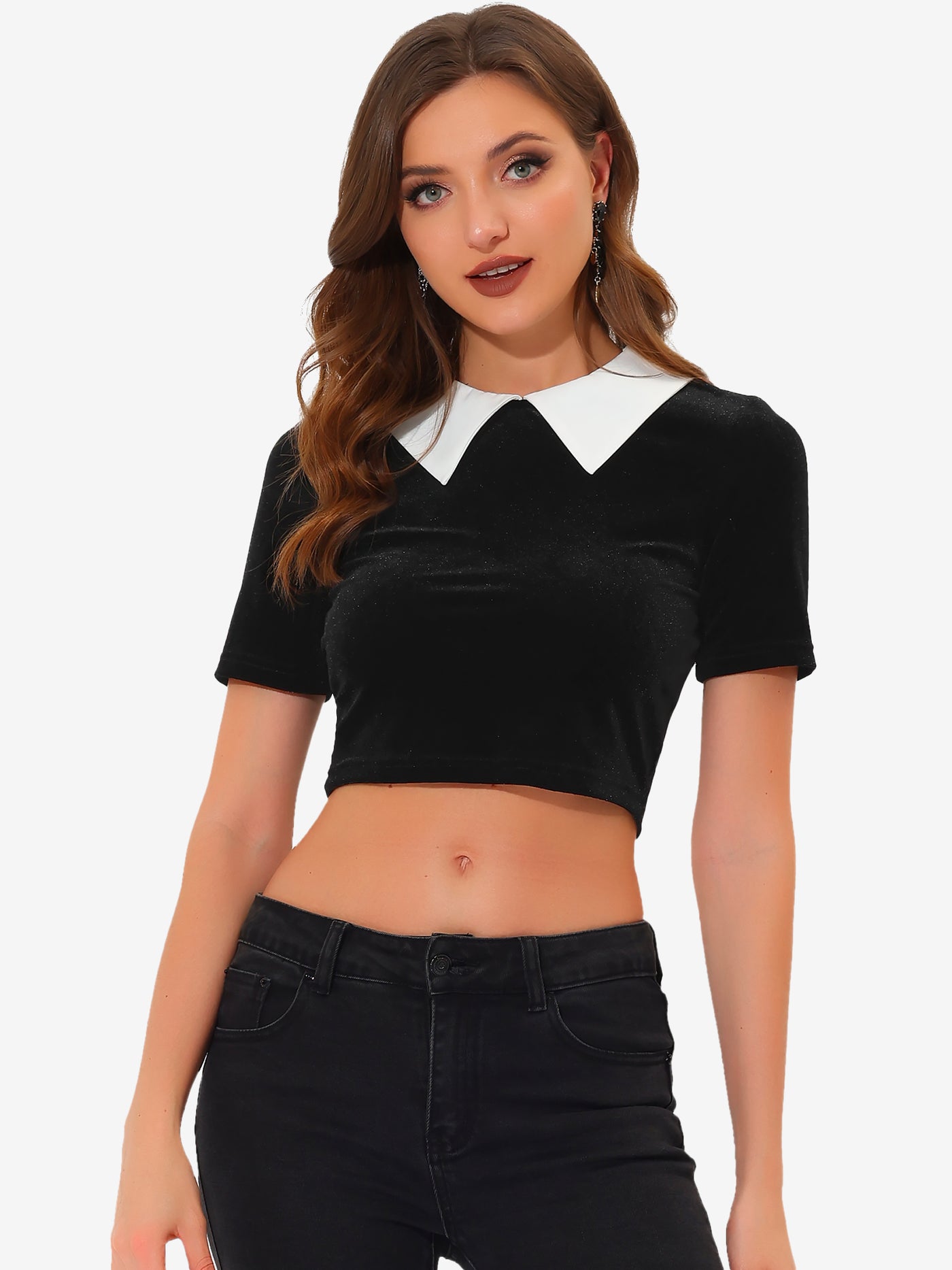 Allegra K Velvet Blouse Slim Fit Short Sleeve Contrast Collar Crop Top