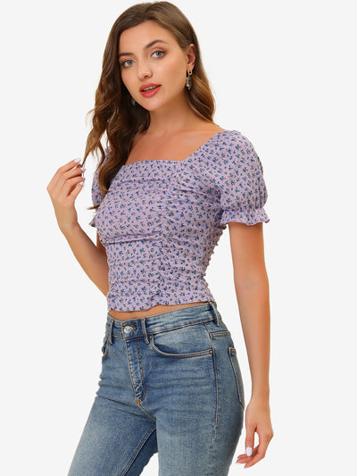 Smocked Crop Top Slim Fit Peasant Floral Blouse