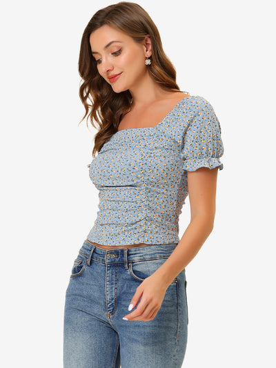 Smocked Crop Top Slim Fit Peasant Floral Blouse