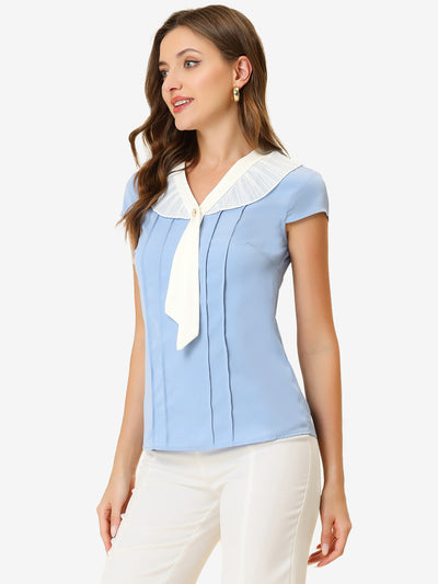 Allegra K Elegant Cap Sleeve Tie Neck Pleated Work Office Blouse