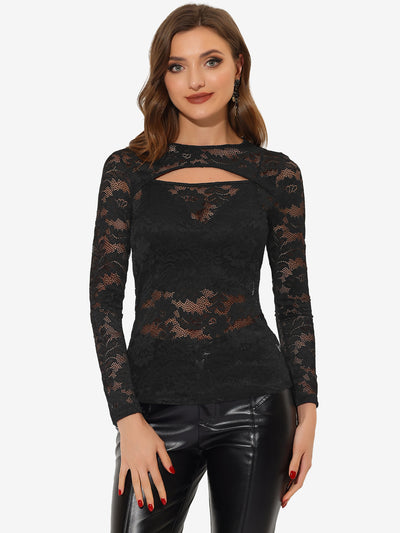 See Through Cut Out Long Sleeve Semi Sheer Fitted Lace Top