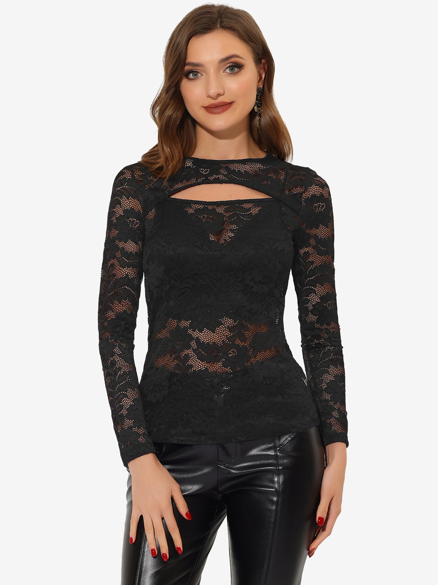 Allegra K See Through Cut Out Long Sleeve Semi Sheer Fitted Lace Top