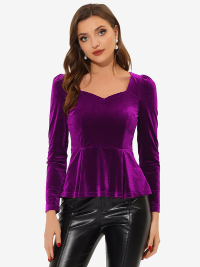 Velvet Blouse Elegant Sweetheart Neck Long Sleeve Peplum Top