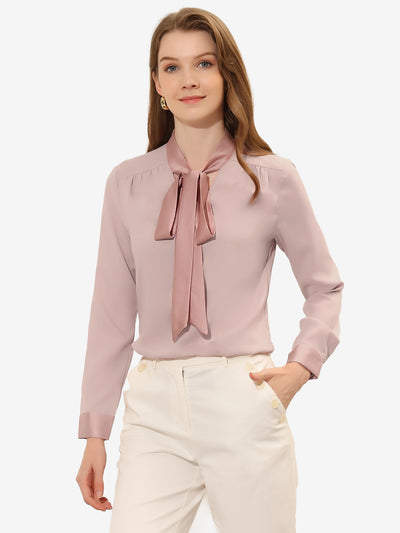 Allegra K Work Top Bow Tie Neck Elegant Long Sleeve Office Shirt