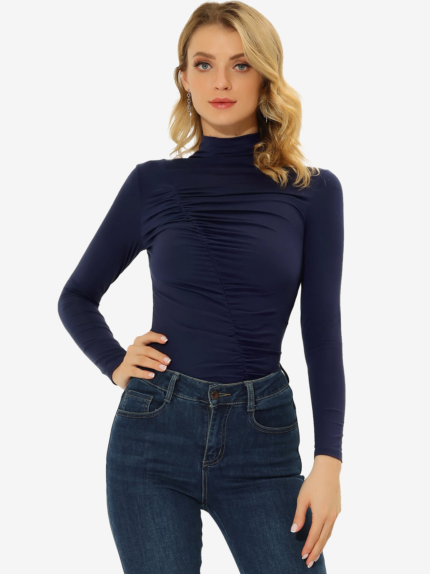 Allegra K High Neck Knit Slim Fit Long Sleeve Ruched Top