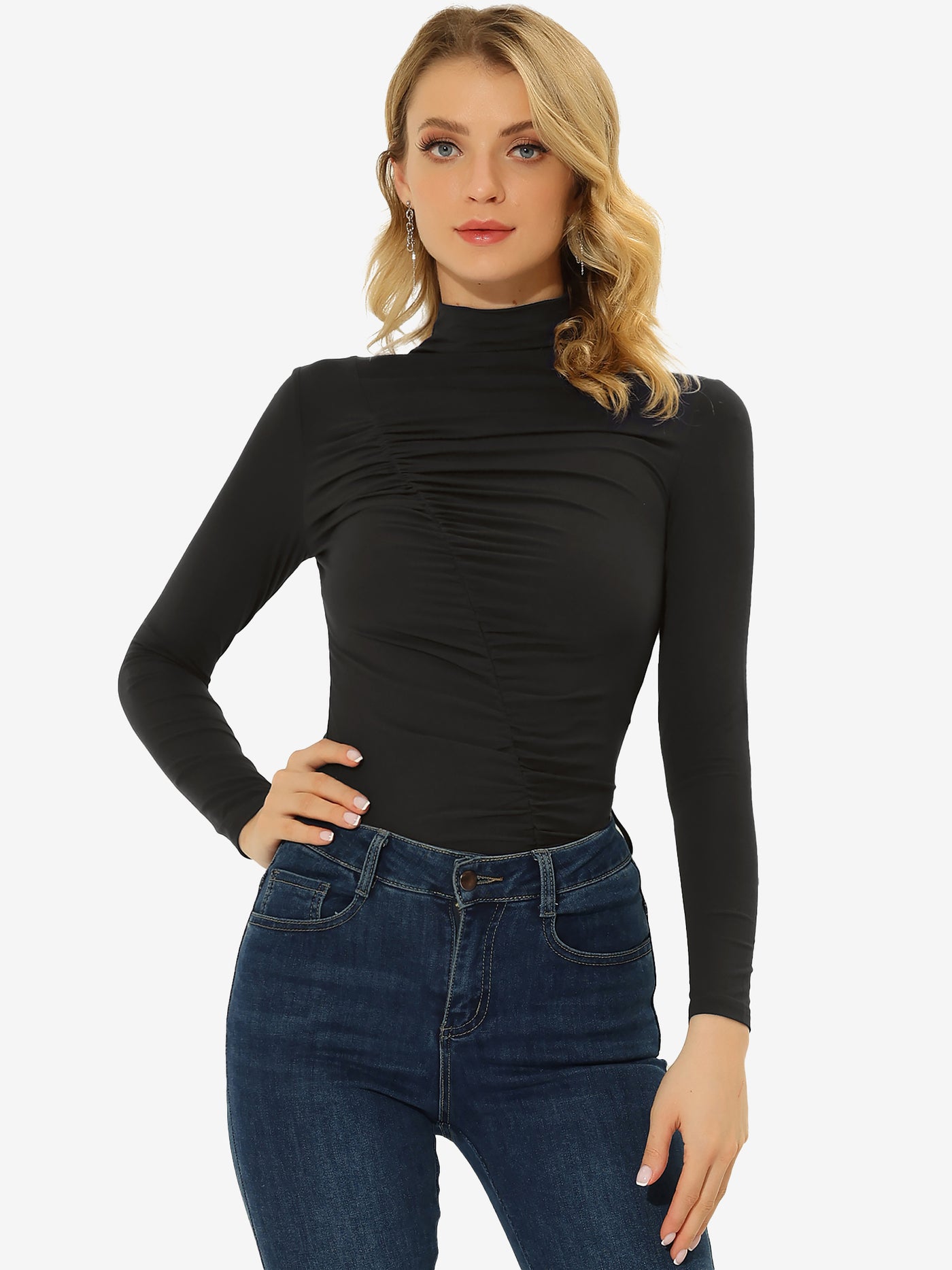 Allegra K High Neck Knit Slim Fit Long Sleeve Ruched Top