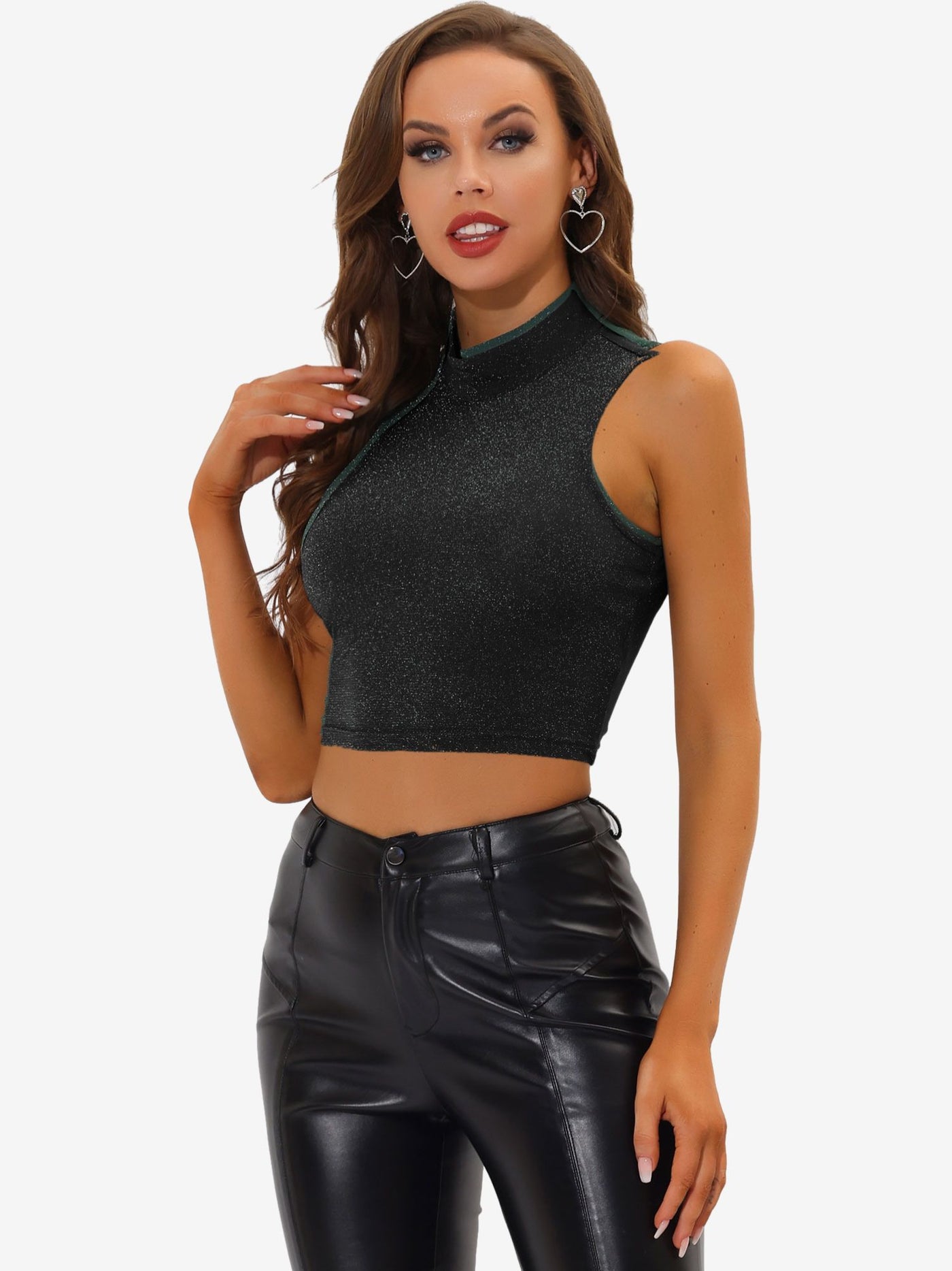 Allegra K Mock Neck Glitter Christmas Keyhole Back Sleeveless Party Crop Top