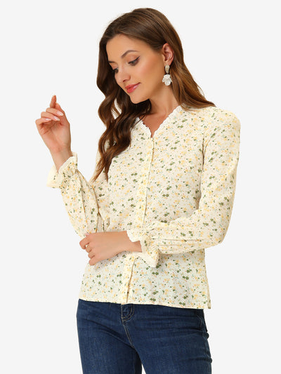 Ruffled Floral Blouse Crochet Trim V Neck Long Sleeve Chiffon Top