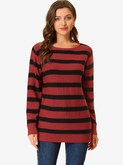 Round Neck Drop Shoulder Color Block Tunic Striped Sweater