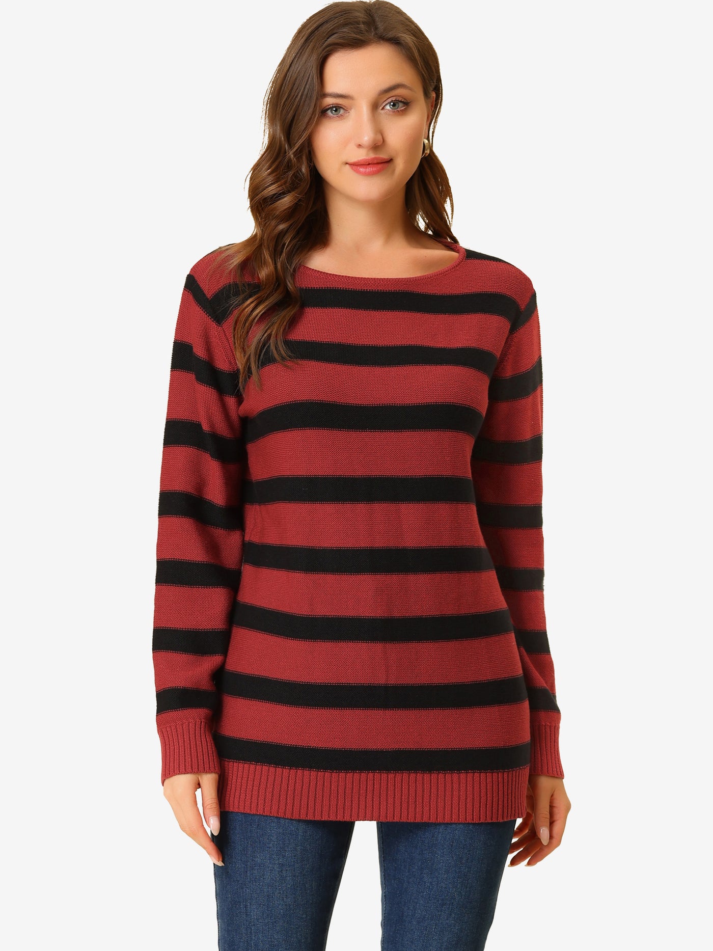 Allegra K Round Neck Drop Shoulder Color Block Tunic Striped Sweater