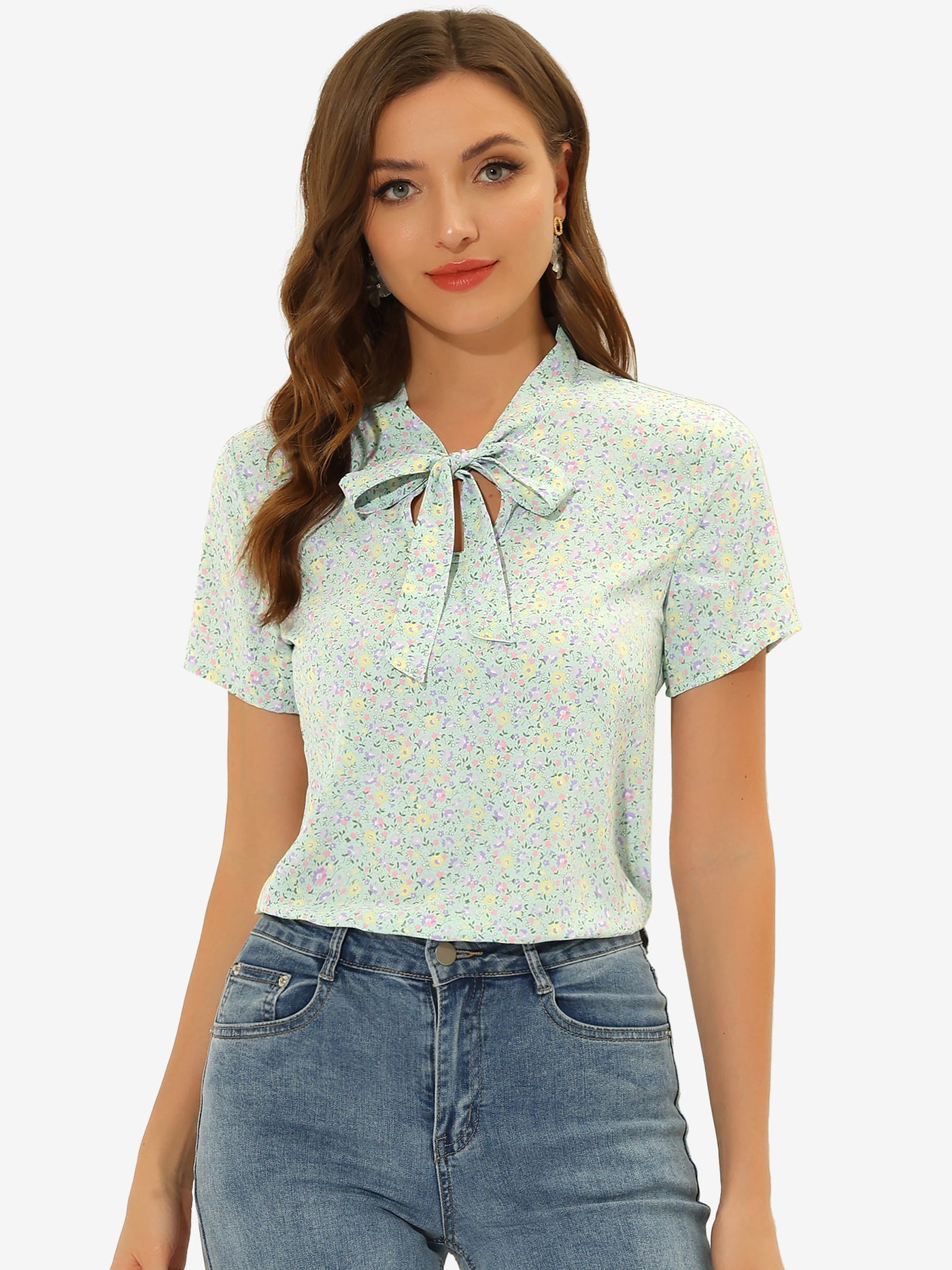 Allegra K Bow Tie Neck Short Sleeve Printed Chiffon Blouse