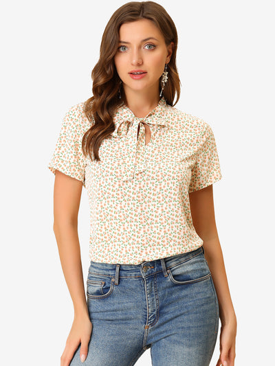 Bow Tie Neck Short Sleeve Printed Chiffon Blouse