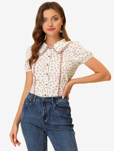 Button Down Tops 1950s Peter Pan Collar Floral Blouse