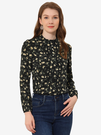 Floral Print Flounce Mock Neck Long Sleeve Work Blouse