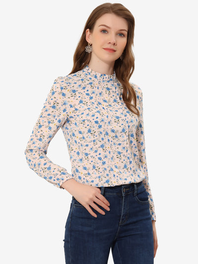 Floral Print Flounce Mock Neck Long Sleeve Work Blouse