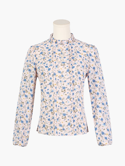 Floral Print Flounce Mock Neck Long Sleeve Work Blouse