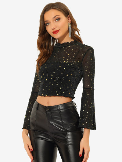 Mesh Crop Top Stars Pattern Glitter Sheer See Through Blouse