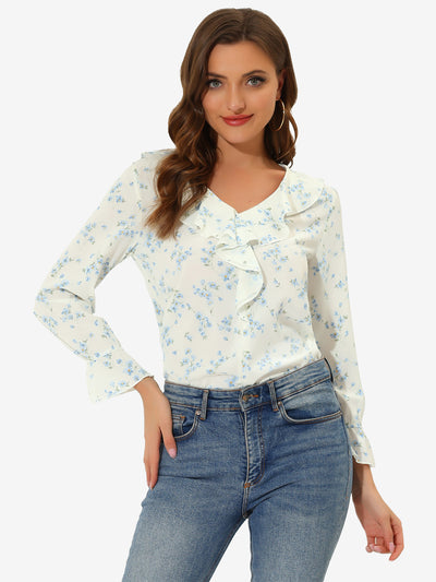 Peasant Chiffon Floral Ruffle Neck Office Long Sleeve Blouse