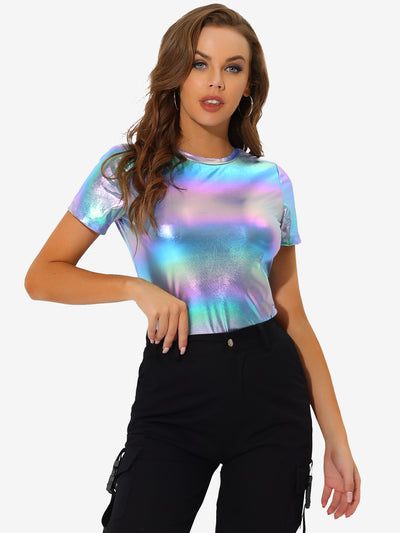 Party Metallic Textured Short Sleeve Shiny Multicolor Top