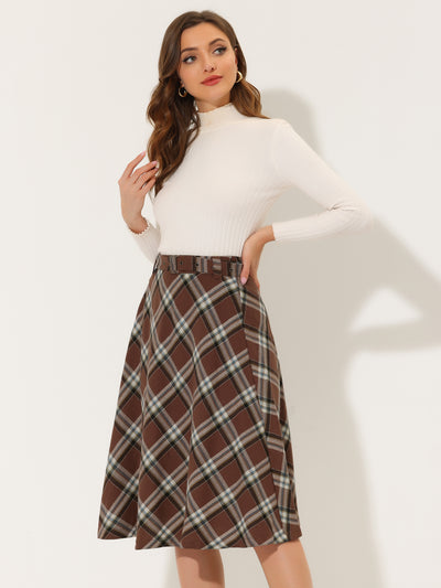 Christmas Tartan Plaid High Waist Belted Vintage A-Line Midi Skirt