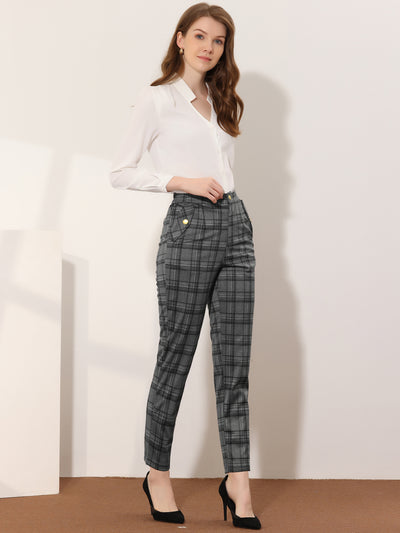 Vintage Tartan Plaid Pants Elastic Waist Straight Long Trousers