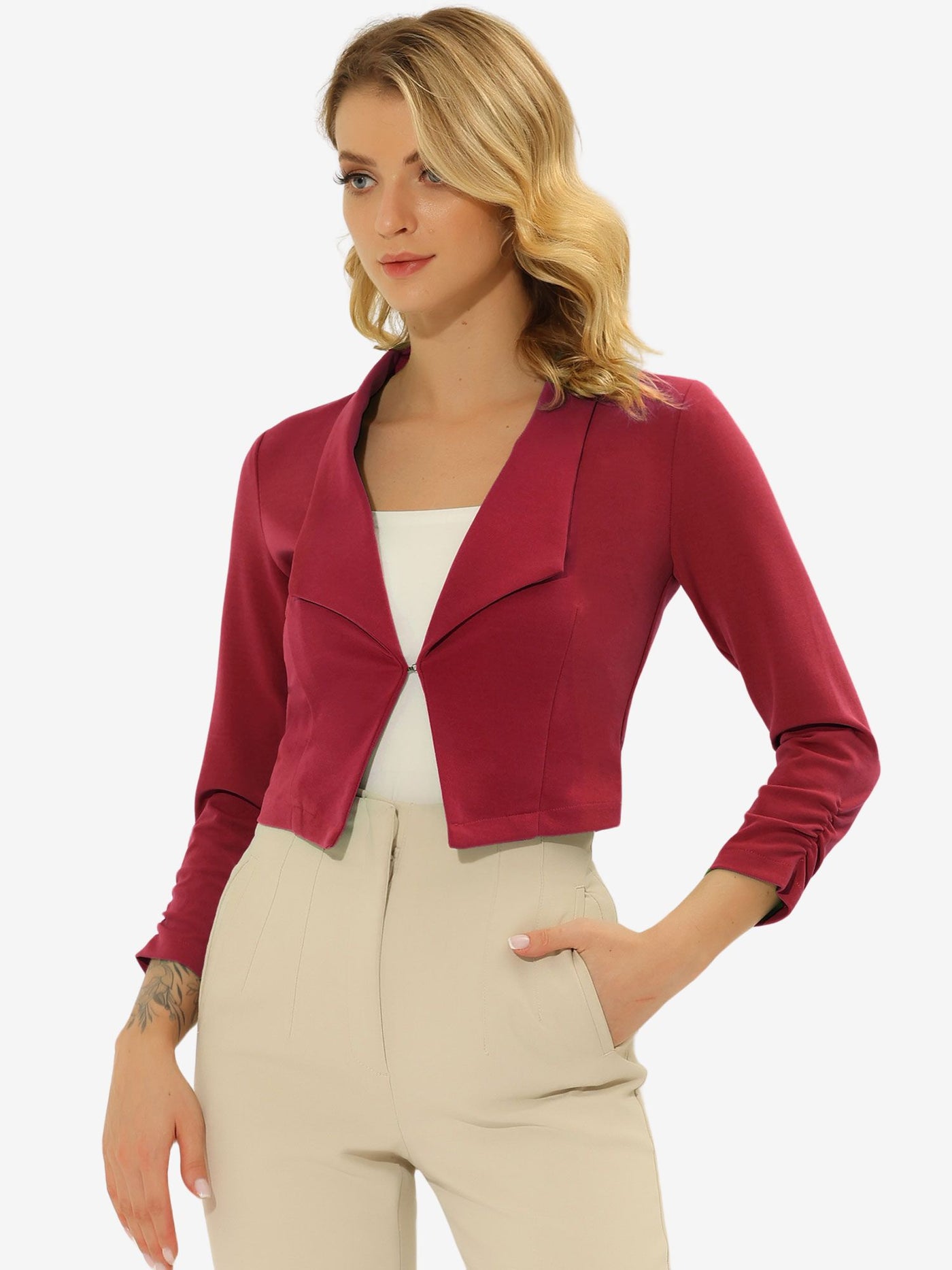 Allegra K Notched Lapel Ruched Sleeve Business Cropped Jacket Blazer