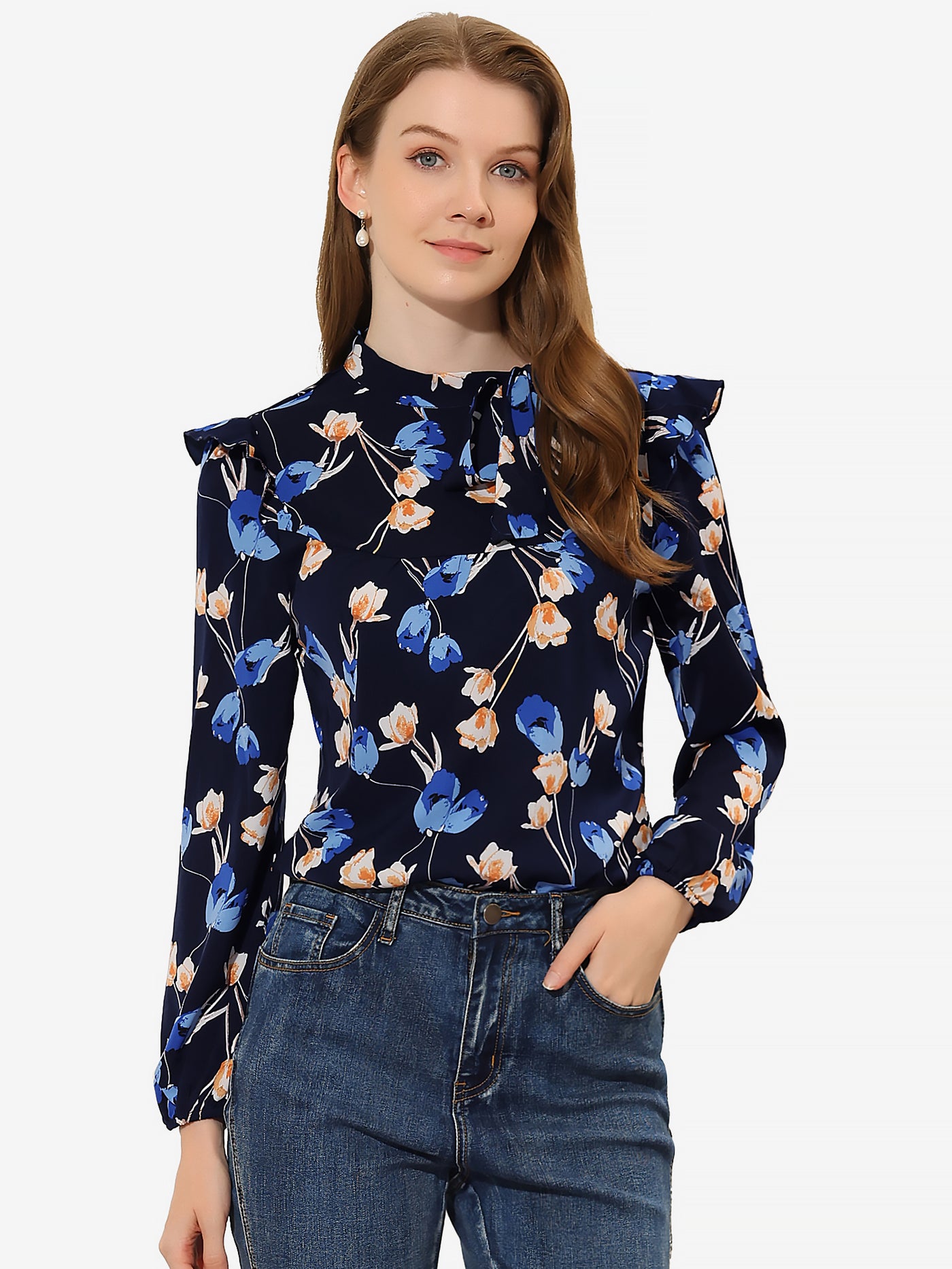 Allegra K Bow Tie Neck Long Sleeve Floral Ruffled Blouse