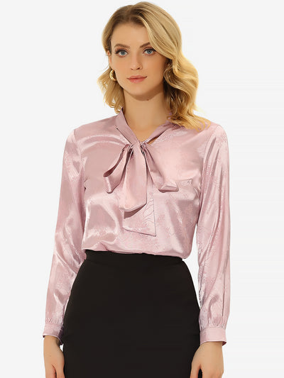 Bow Tie Neck Long Sleeve Printed Pussy Satin Blouse Tops