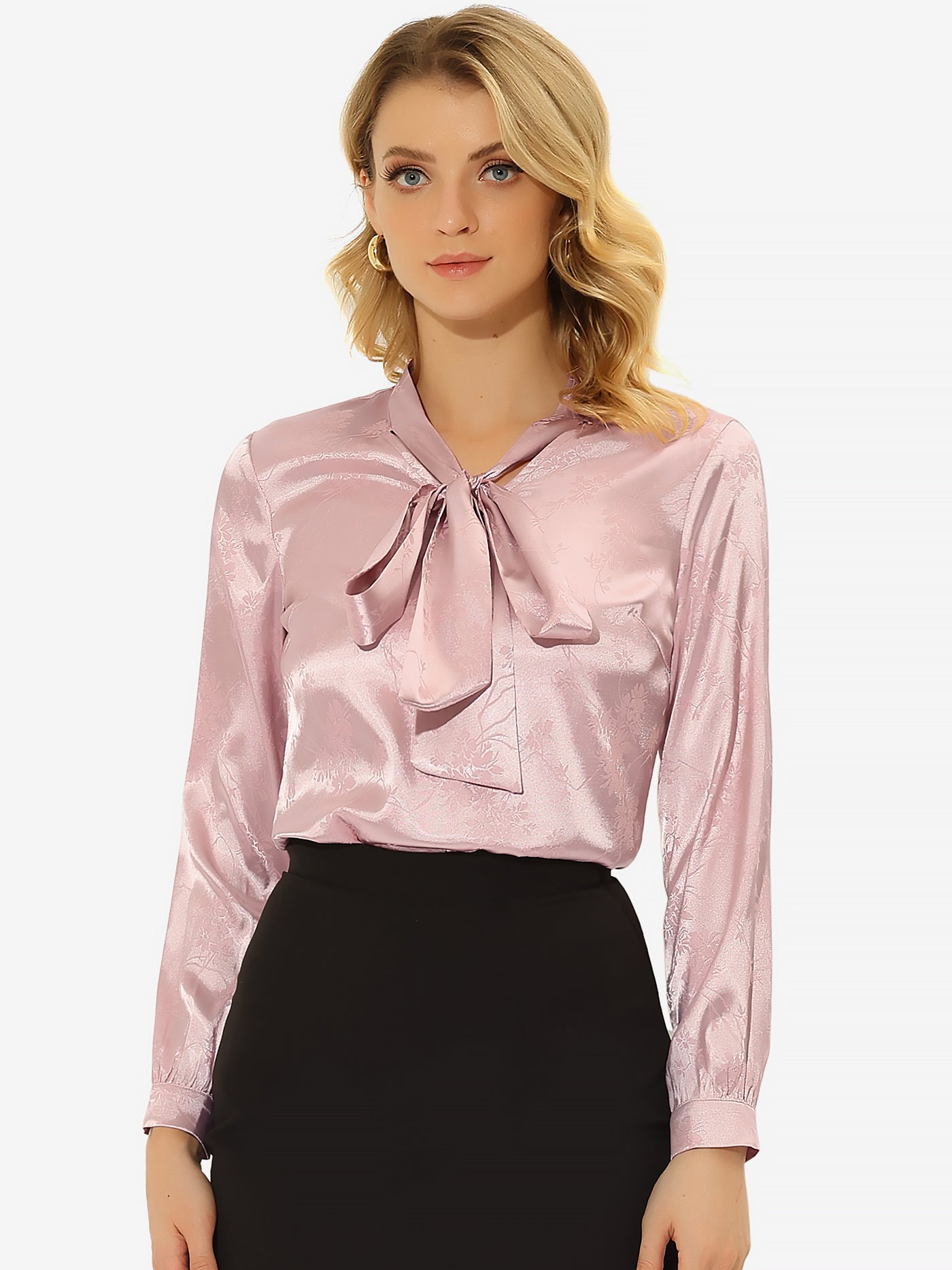 Allegra K Bow Tie Neck Long Sleeve Printed Pussy Satin Blouse Tops