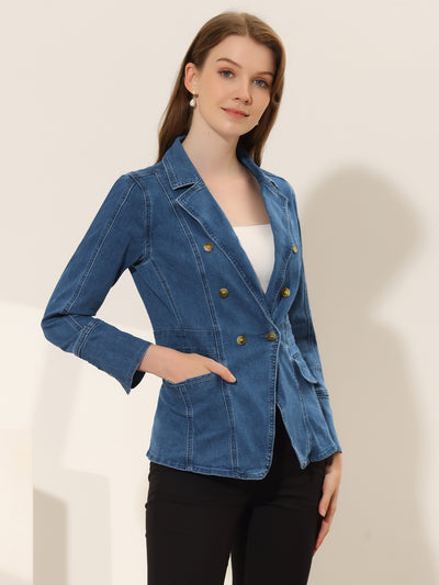 Notched Lapel Long Sleeve Pockets Denim Blazer Jean Jacket