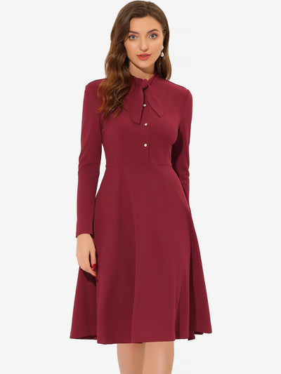 Tie Neck Knit Long Sleeve Midi Solid Work Sheath Dress