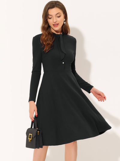 Tie Neck Knit Long Sleeve Midi Solid Work Sheath Dress