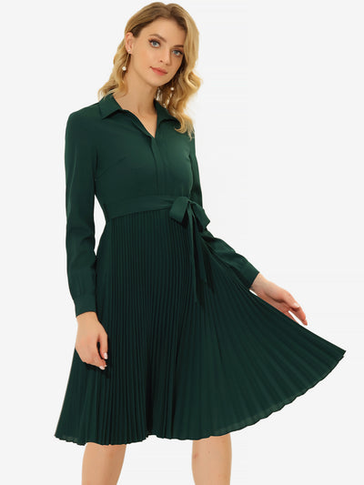 A-Line V Neck Turn Down Collar Belted Pleated Dress