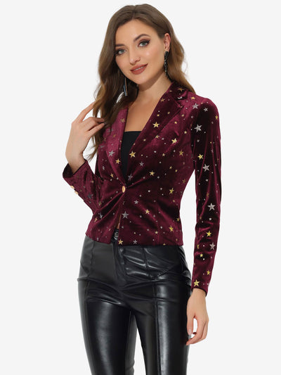 Metallic Star Single Button Velvet Lapel Crop Blazer