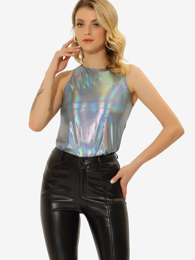 Shiny Sleeveless Camisole Club Shimmer Metallic Tank Top