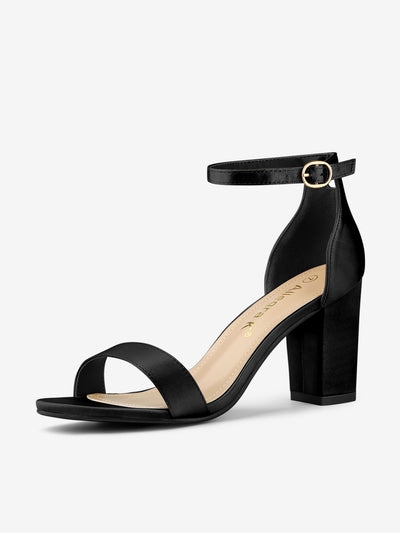 Satin Open Toe Ankle Strap Chunky Heel Sandals