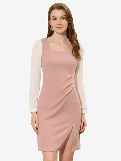 Elegant Ruched Side Contrast Panel Long Sleeve Square Neck Dress