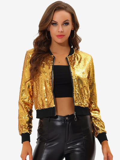 Sequin Long Sleeve Zipper Up Collarless Glitter Bomber Jacket