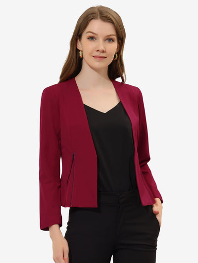 Solid Color Long Sleeves Collarless Zipper Cropped Blazer Jacket