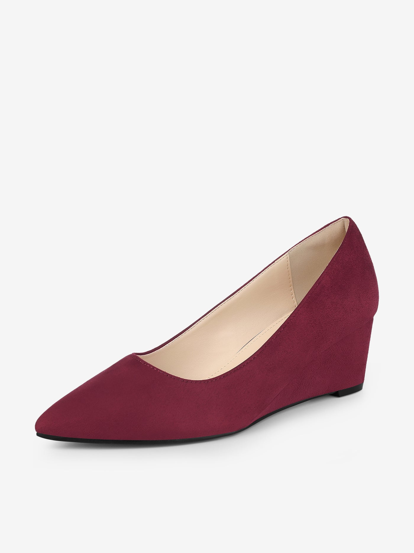 Allegra K Faux Suede Solid Color Pointed Toe Slip On Wedge Heel Pumps