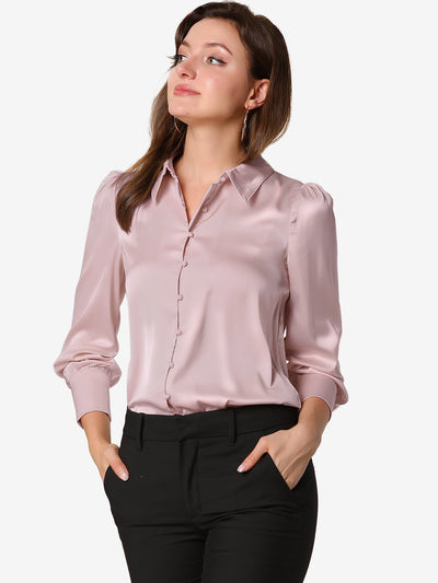 Satin Puff Sleeve Point Collar Button Up Blouse