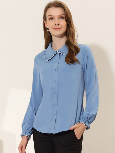 Sweet Ruffle Peter Pan Collar Long Sleeve Button Up Shirt