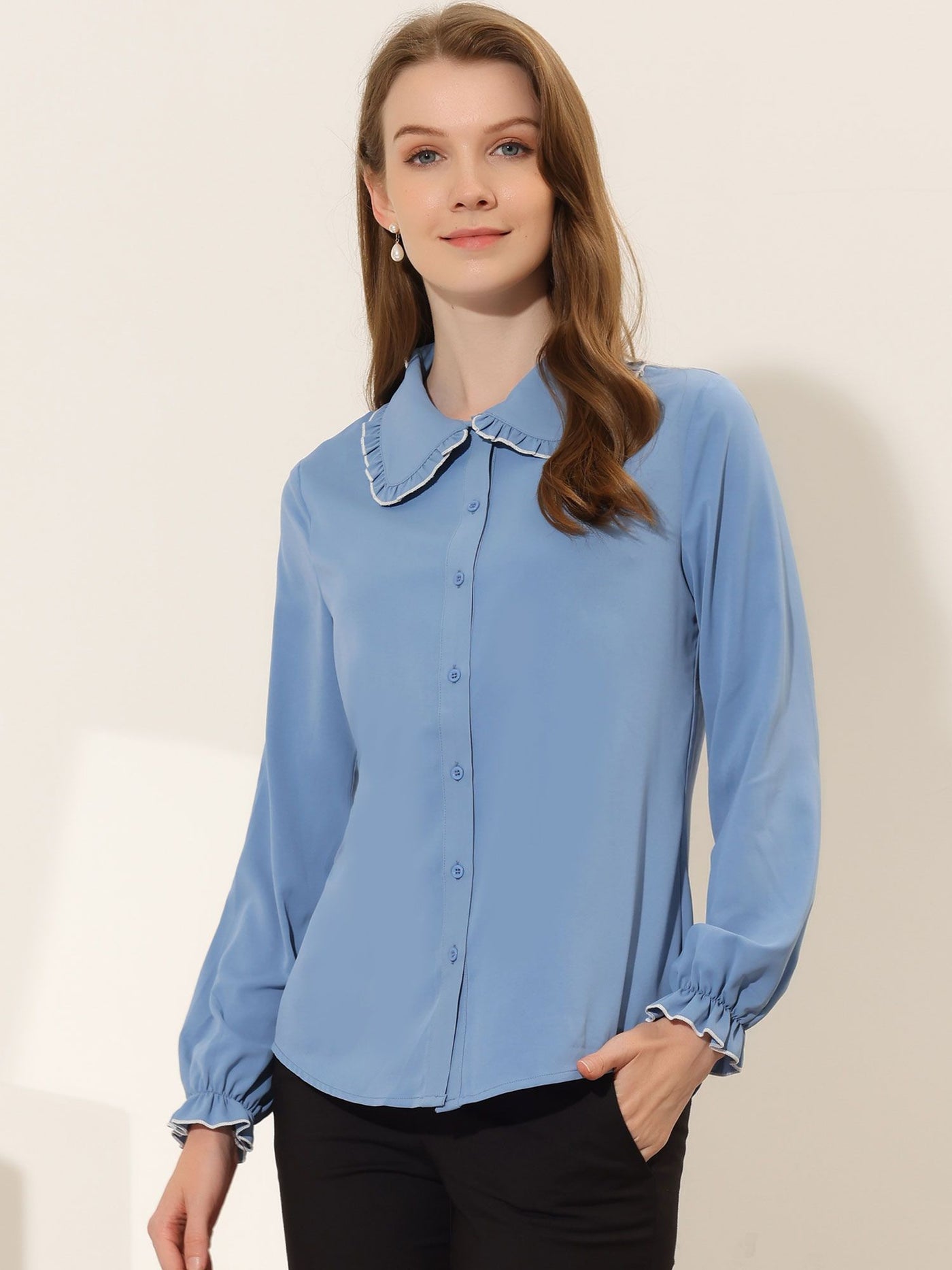 Allegra K Sweet Ruffle Peter Pan Collar Long Sleeve Button Up Shirt