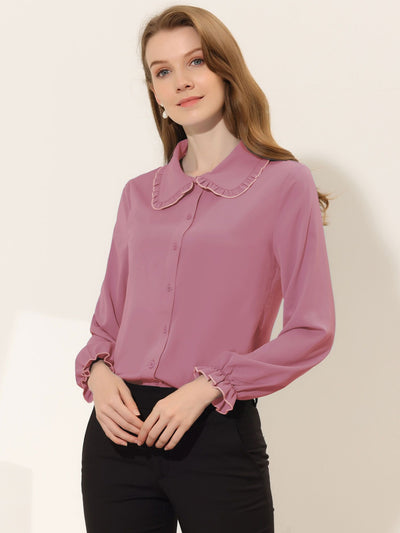 Sweet Ruffle Peter Pan Collar Long Sleeve Button Up Shirt