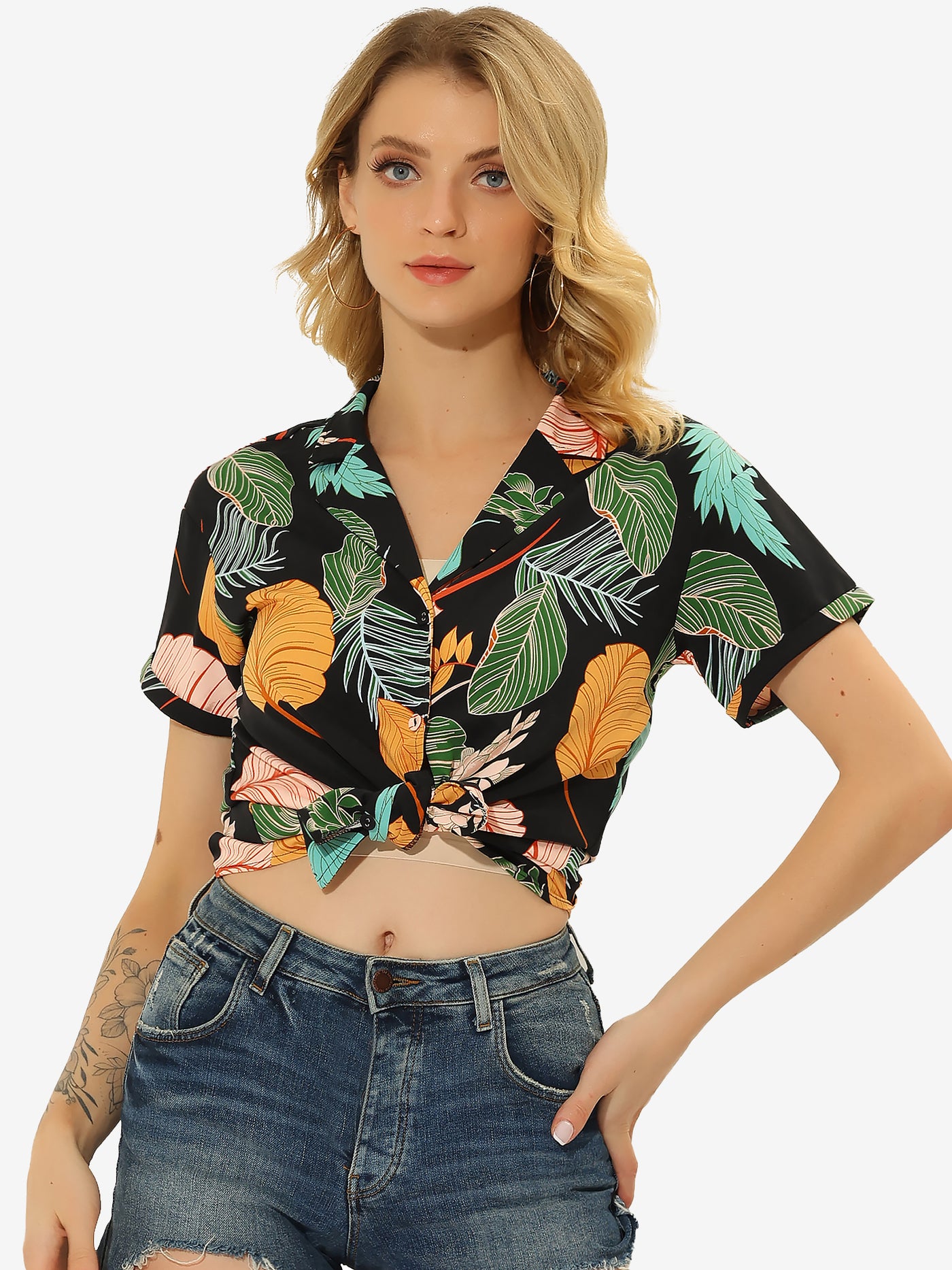 Allegra K Hawaiian Floral Leaves Tropical Button Down Shirt